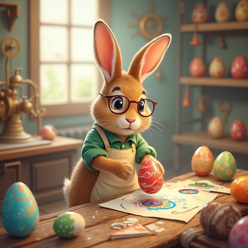 Whimsical Bunny Egg Painter in Steampunk Wonderland
