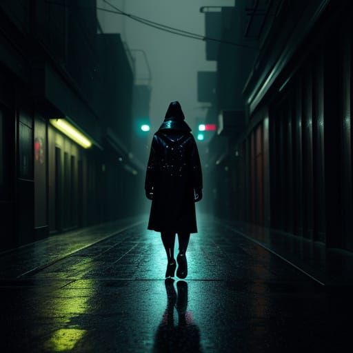 Woman Walks Alone at Night in Hyperrealistic Style
