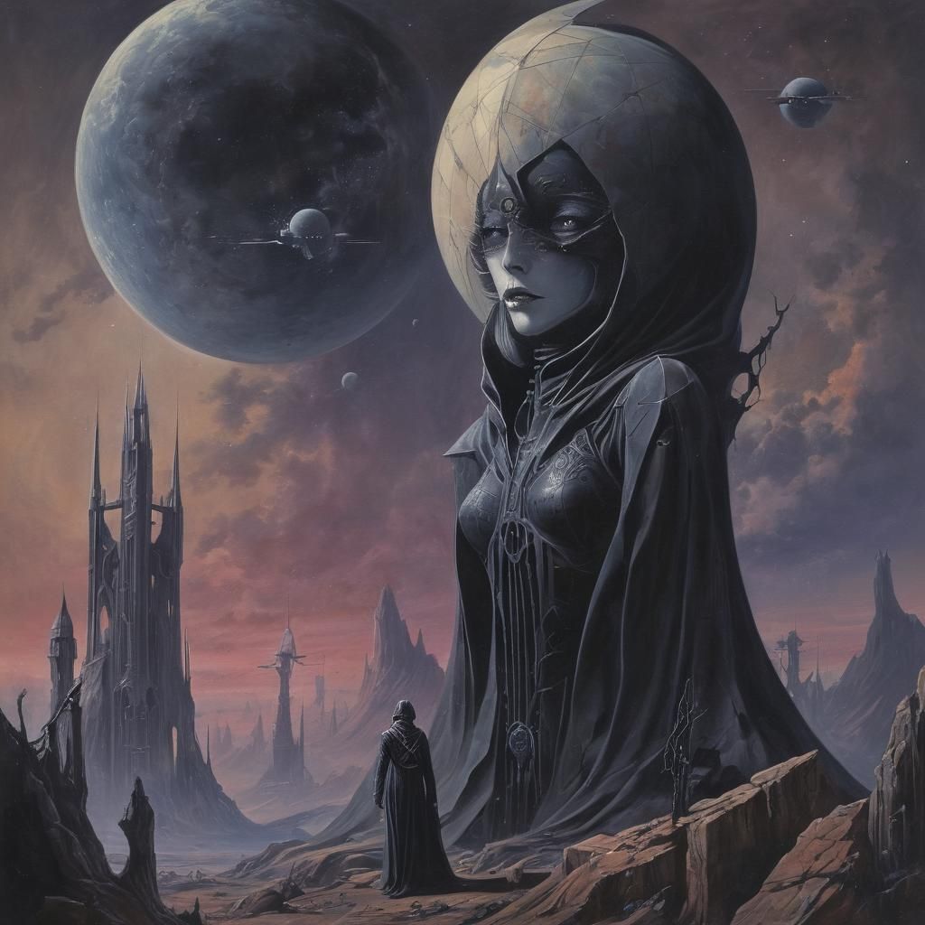 Dark Gothic Sci-Fi Painting in Frank Kelly Freas Style