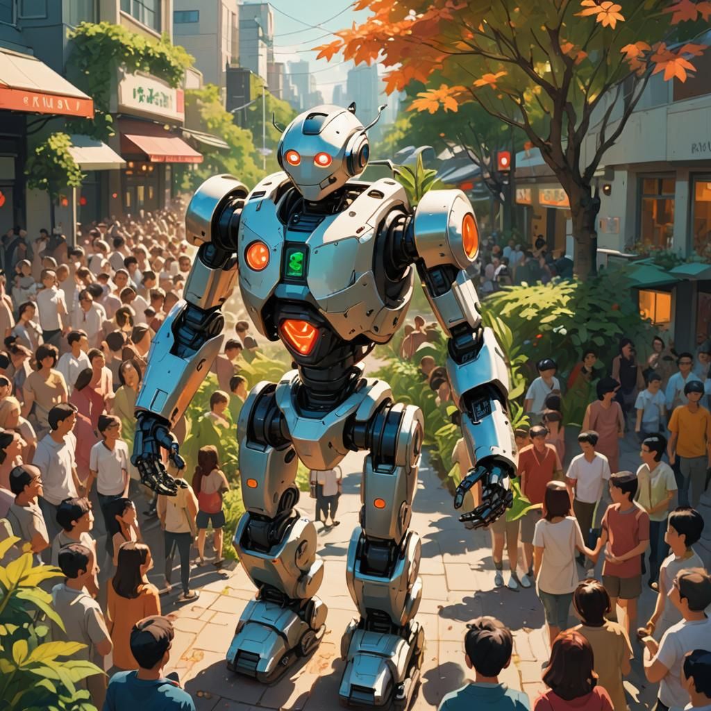 Smiling Robot Among Happy Crowd in Miyazaki Style