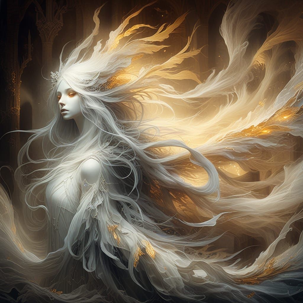 Surreal Church Scene with Ethereal Ghost