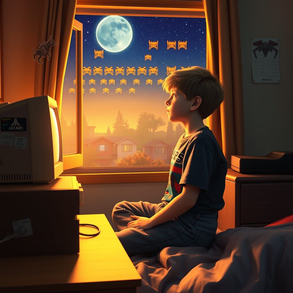 Retro-Futuristic Boy Lost in 8-Bit Space Invasion