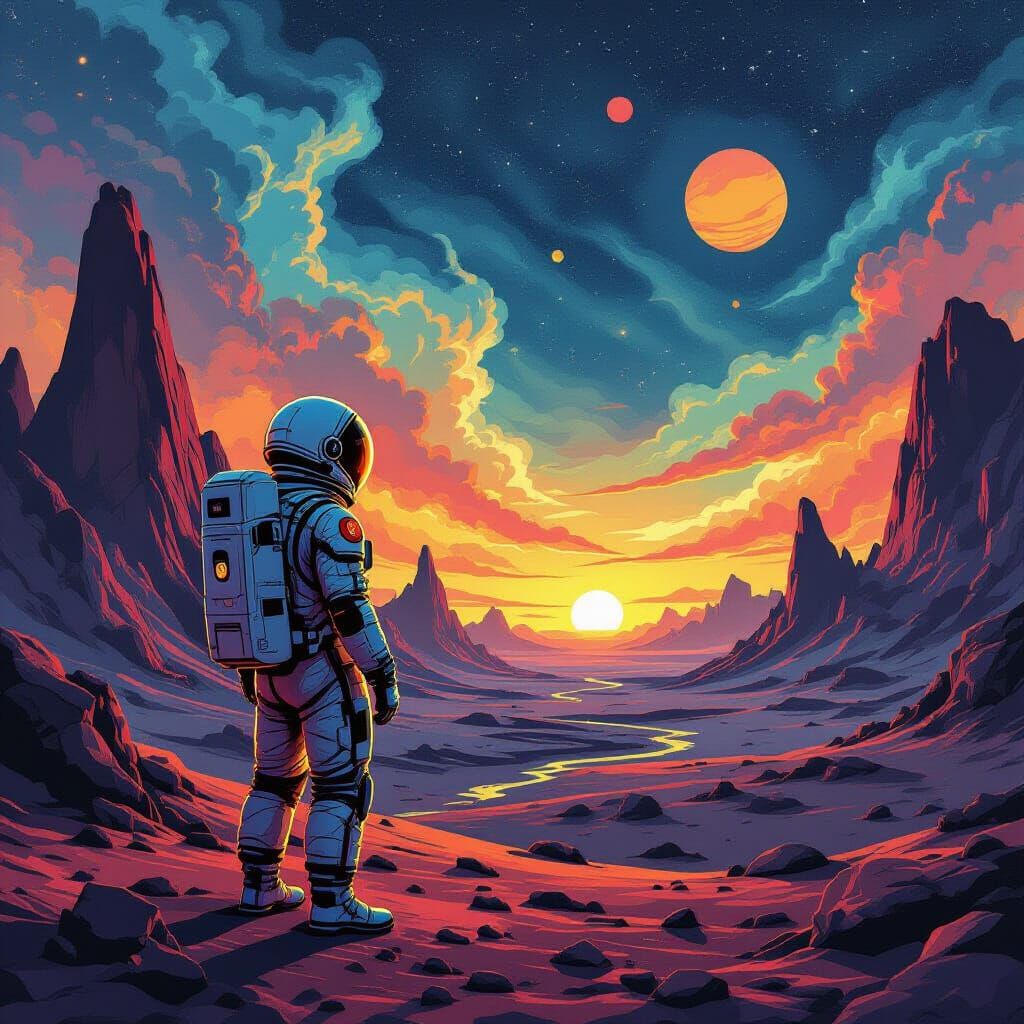 Astronaut on Alien Planet in Retro Sci-Fi Style