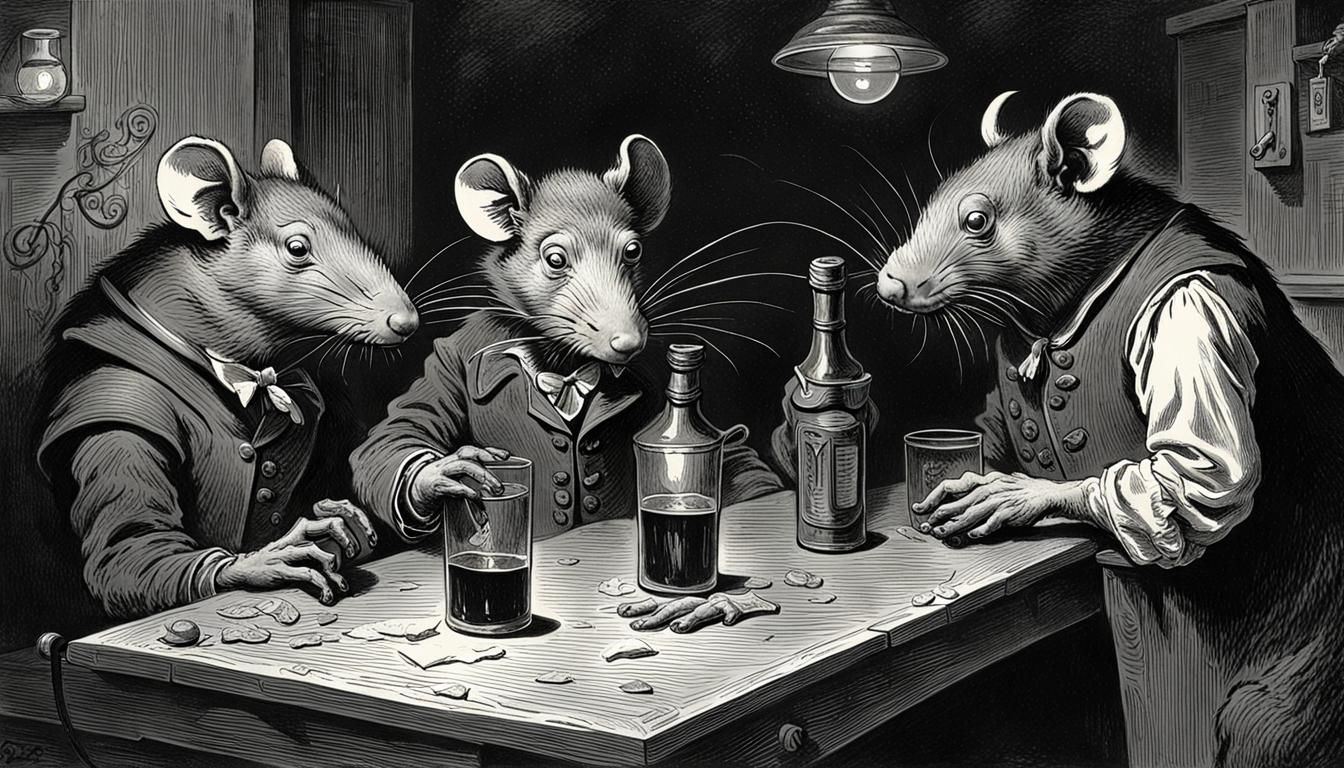 Rats Drinking at Bar in Horror Woodcut Style
