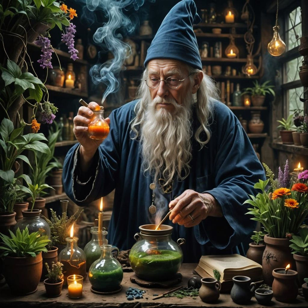 Elderly Wizard Mixing Enchanted Potion in a Magical Garden