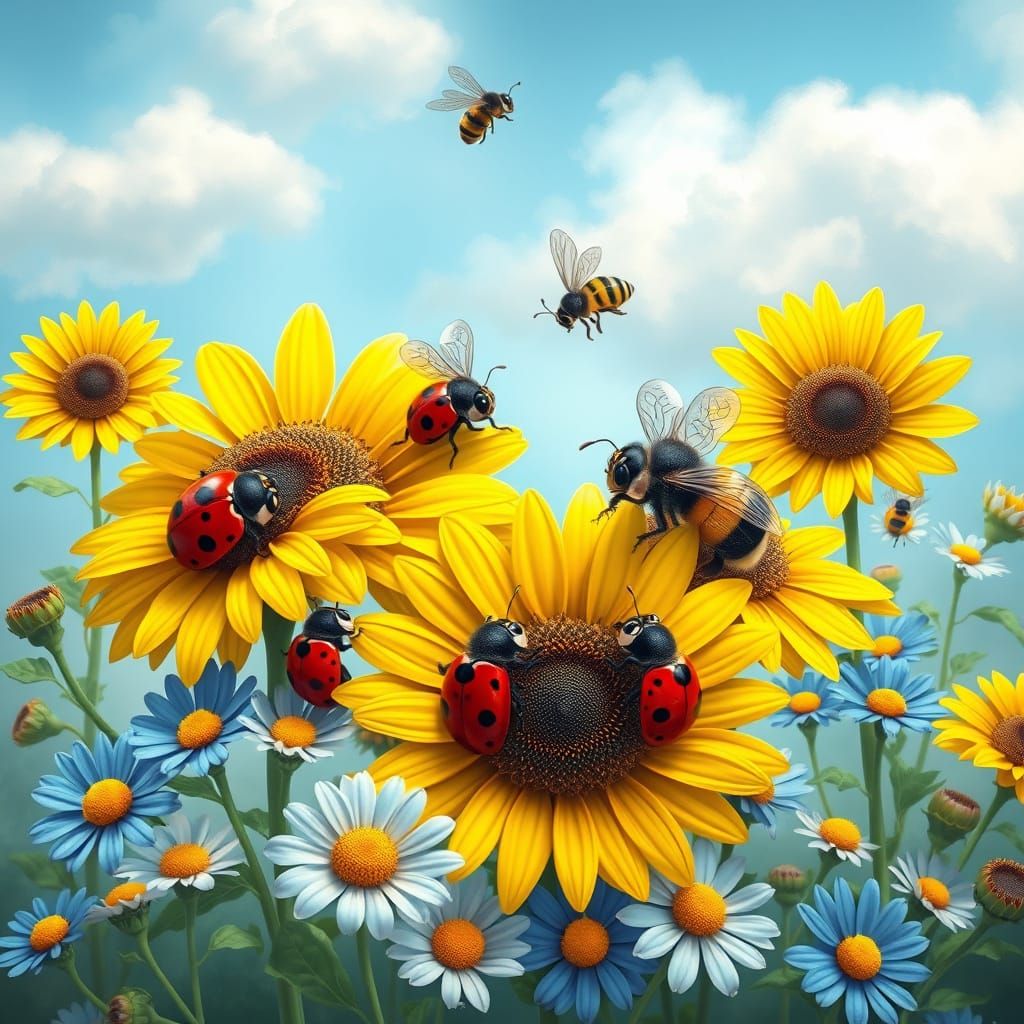 Cheerful and colorful scene with ladybugs and bees caricatur...