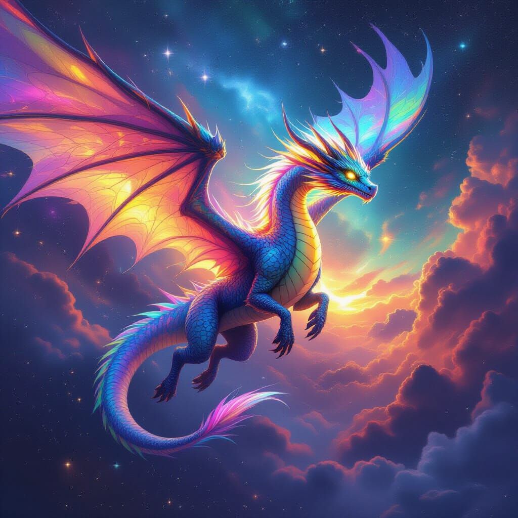 Bioluminescent Dragon Flies Through Vibrant Nebula