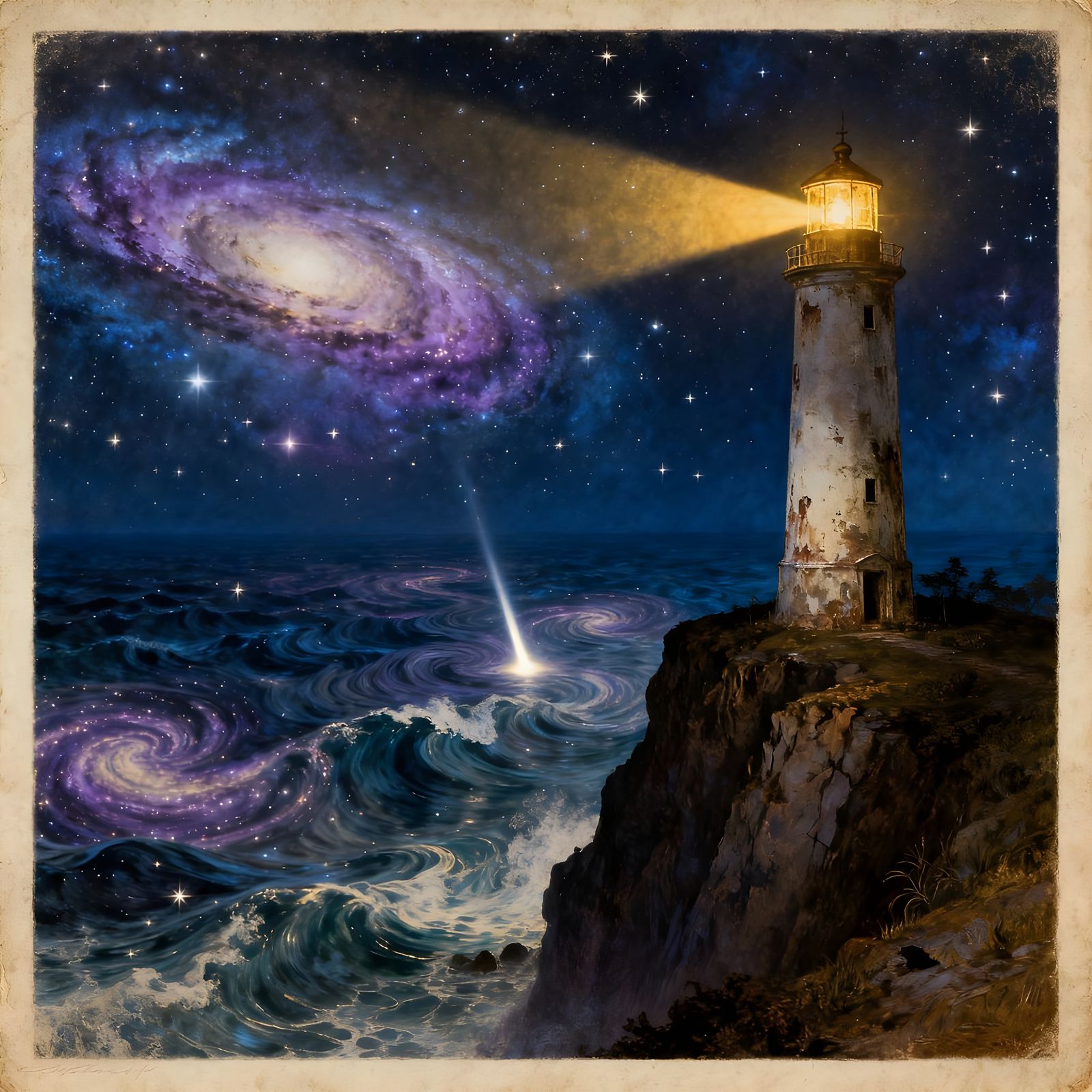 Cosmic Lighthouse on Starry Sea, Vintage Postcard Style