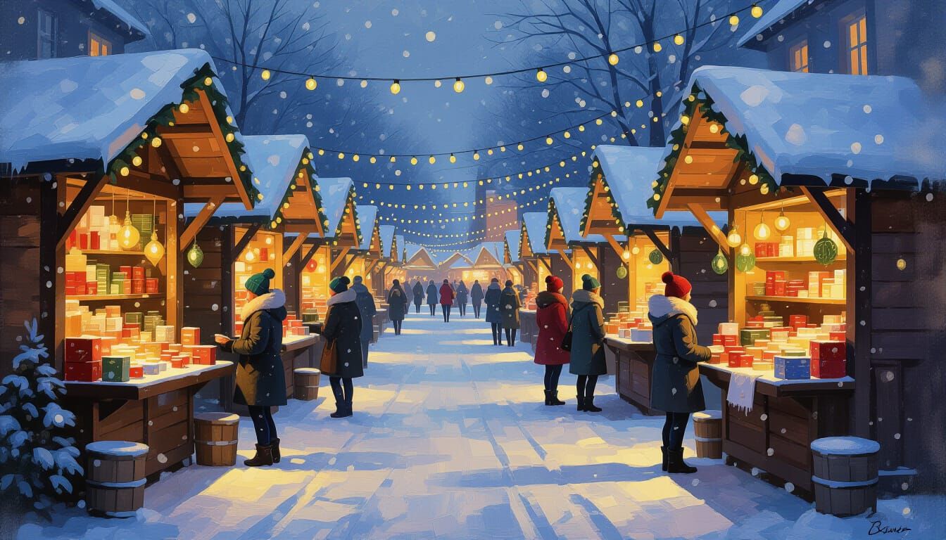 Impressionist Holiday Market Scene at Dusk with Snow