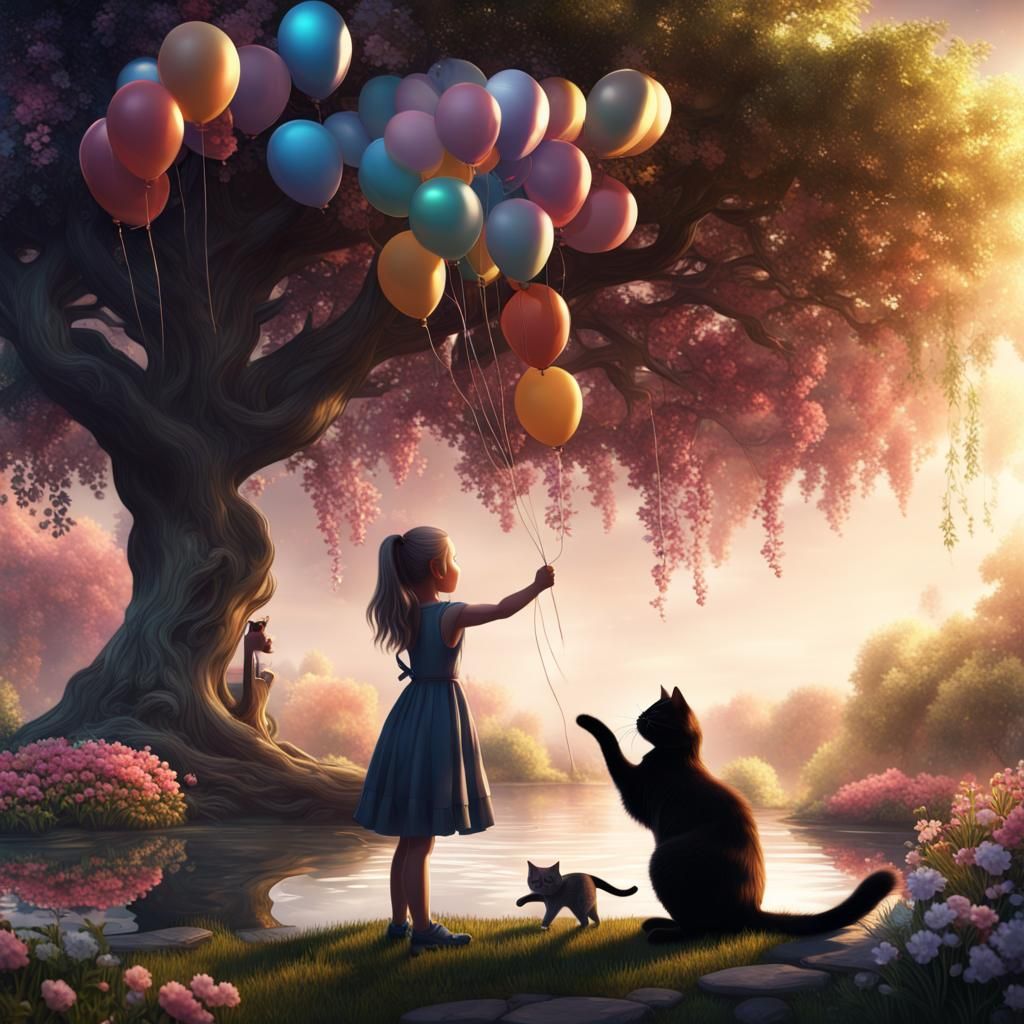 Girl, Cat, Balloons, and Flowers: Fantasy Art