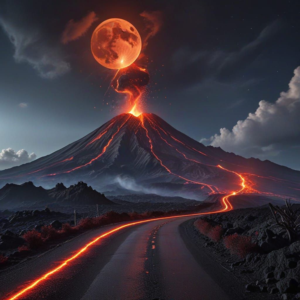 Magical Road to Active Volcano Under Blood Moon