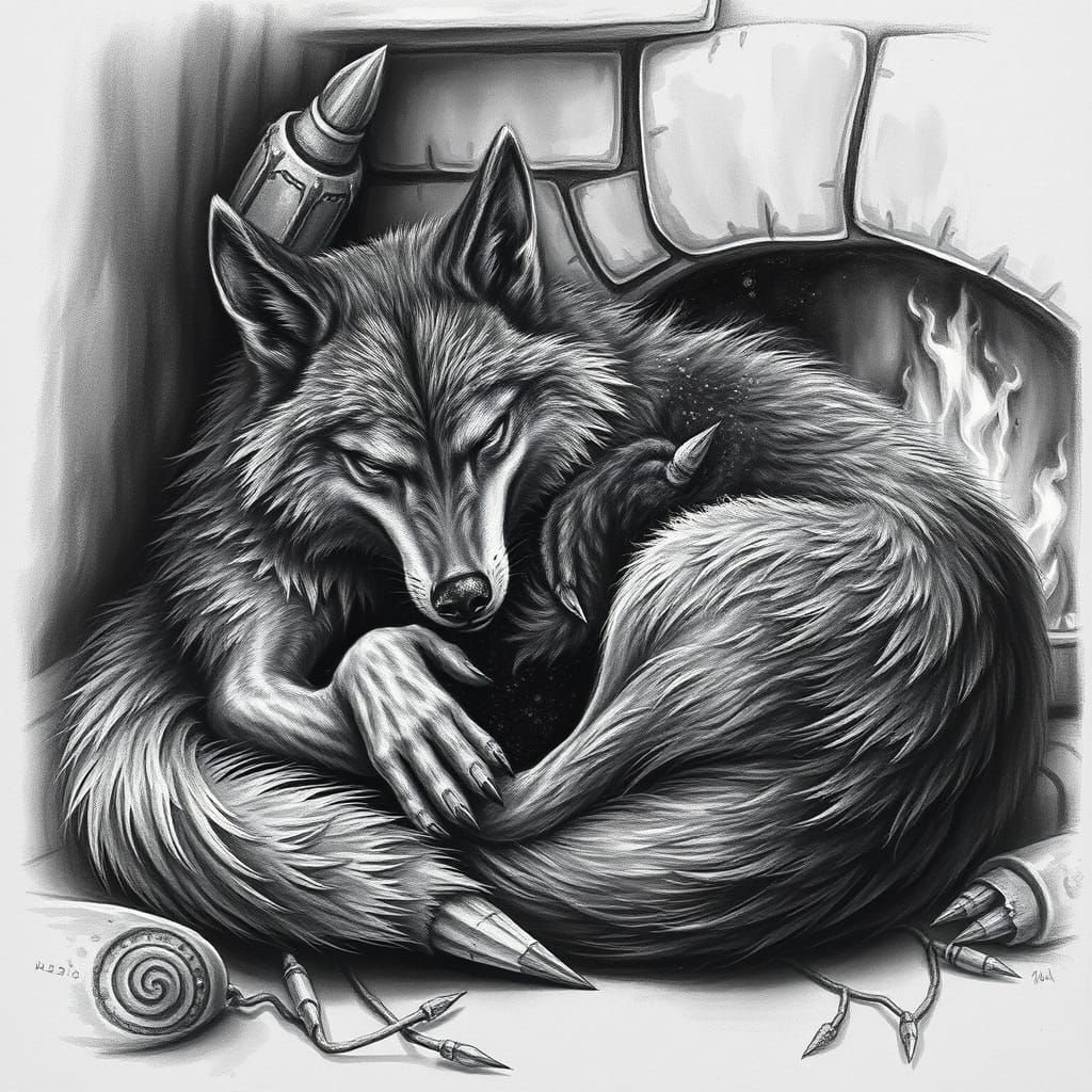 Cozy Charcoal Drawing of Sleeping Wolf by Fireplace