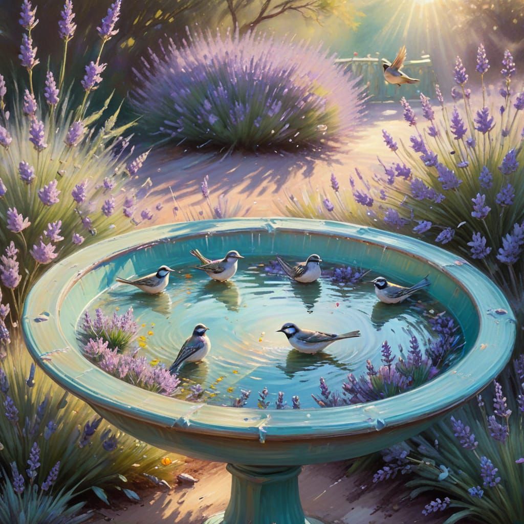 Impressionist Birds in a Turquoise Bird Bath with Lavender F...