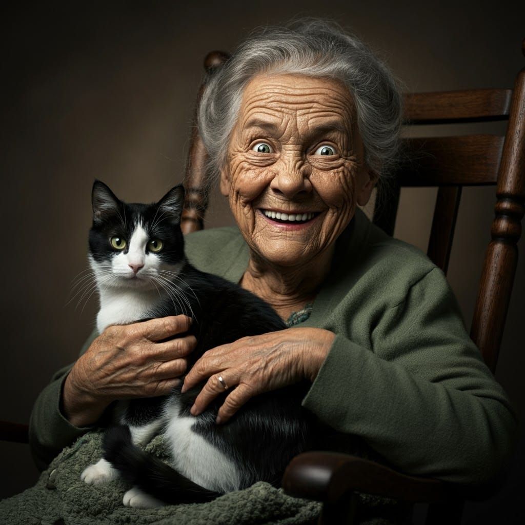 Cheerful Grandma Portrait with Black and White Cat