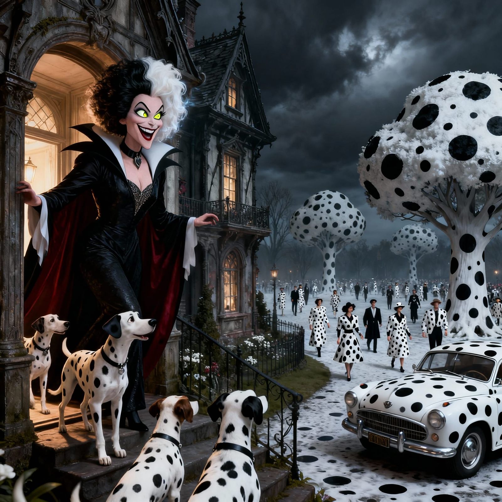 Cruella de Vil Amidst a Dalmatian-Themed World