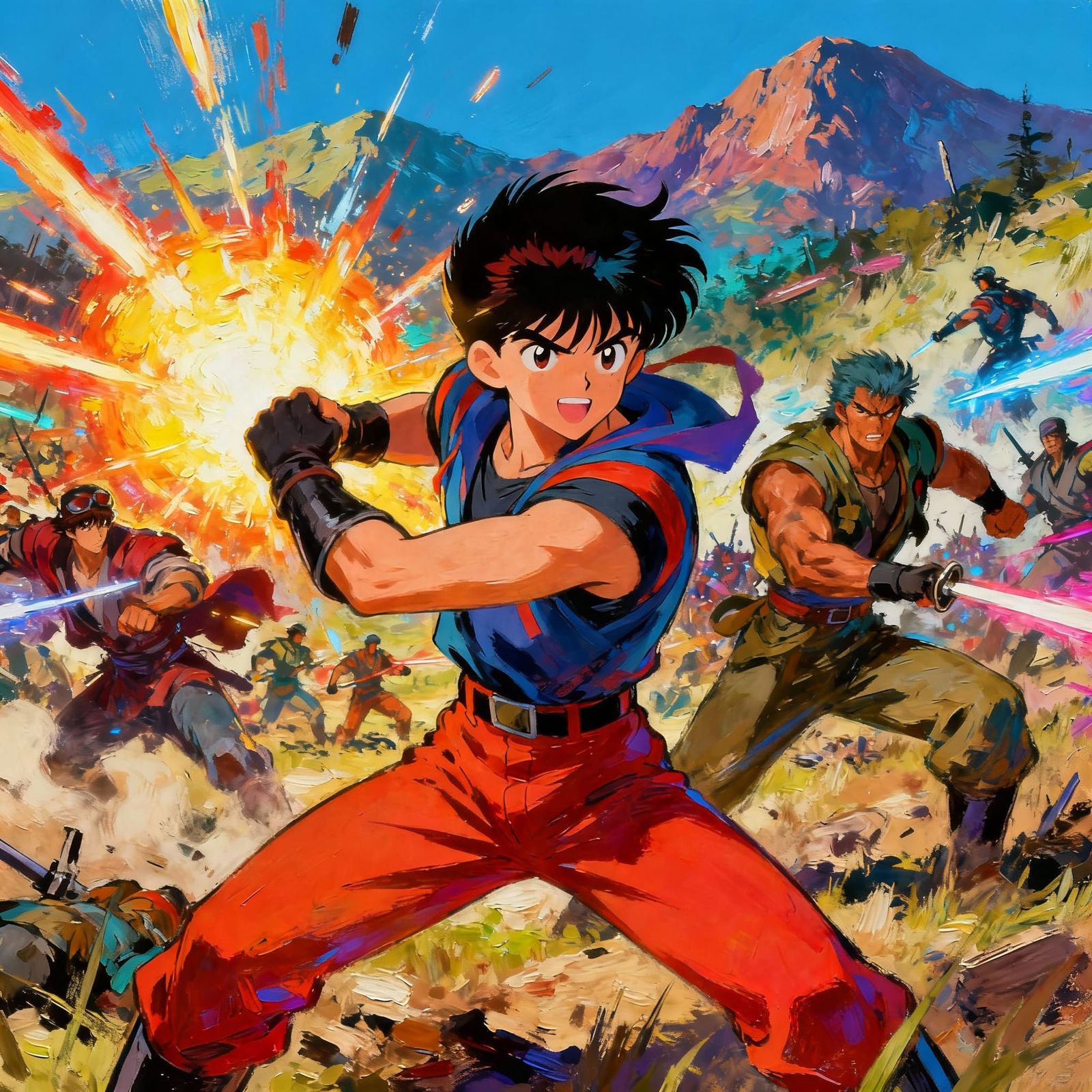 Vibrant Chaotic Battlefield with Glowing Powers and Anime St...