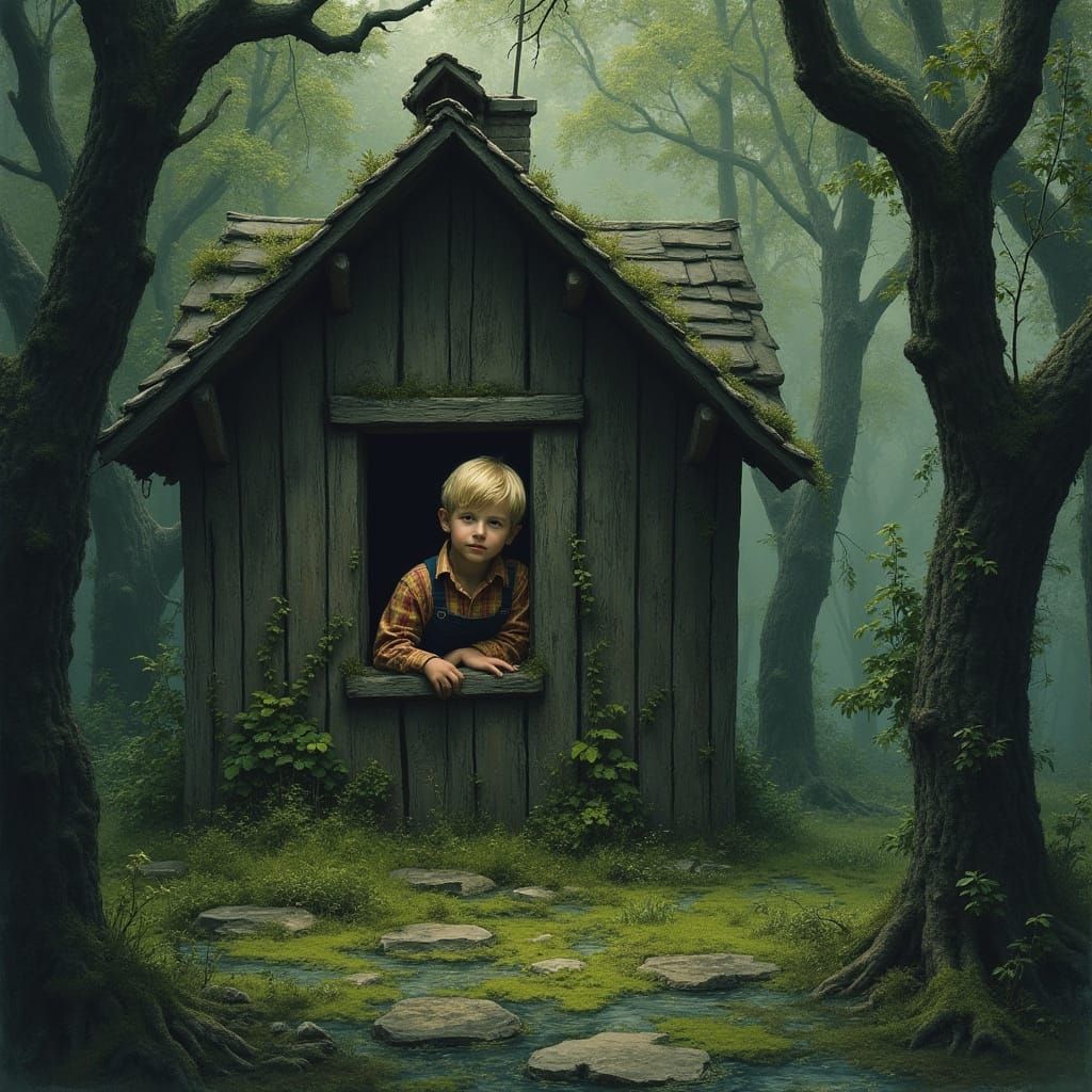 Boy in Window of Ancient House in Mystical Forest