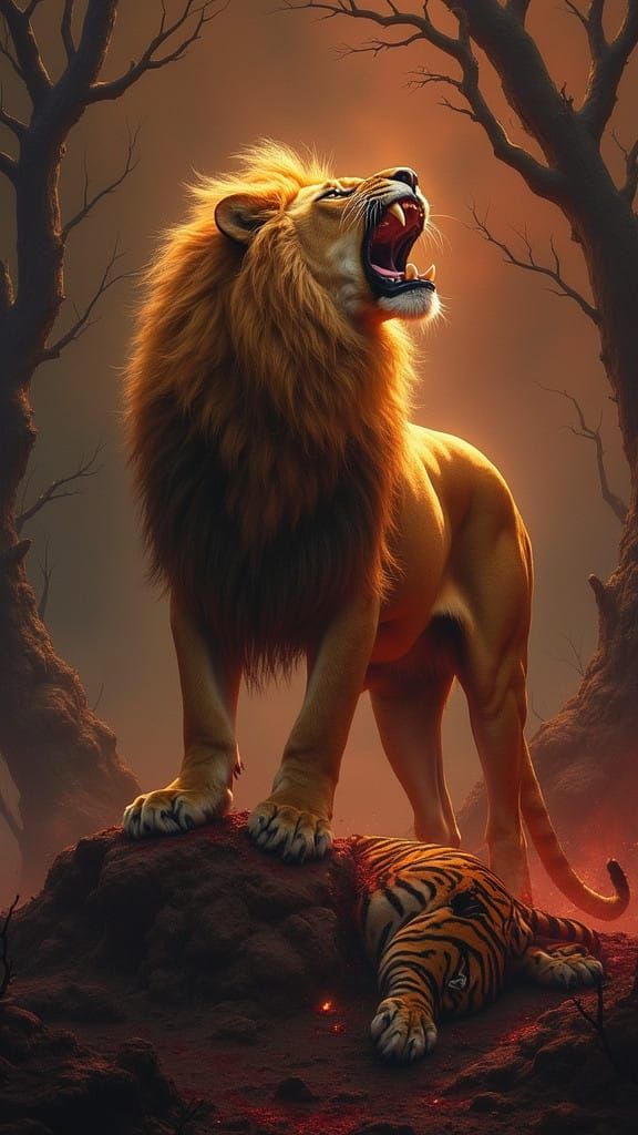 Regal Lion Dominates Dark Landscape