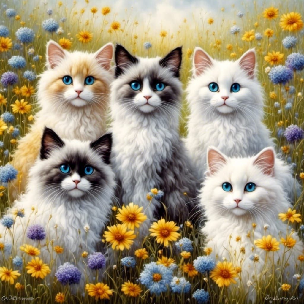 Ragdoll Cats in Wildflower Meadow
