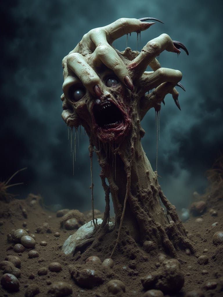 Nightmare Horror: Disfigured Arm Rises with Zombie Head