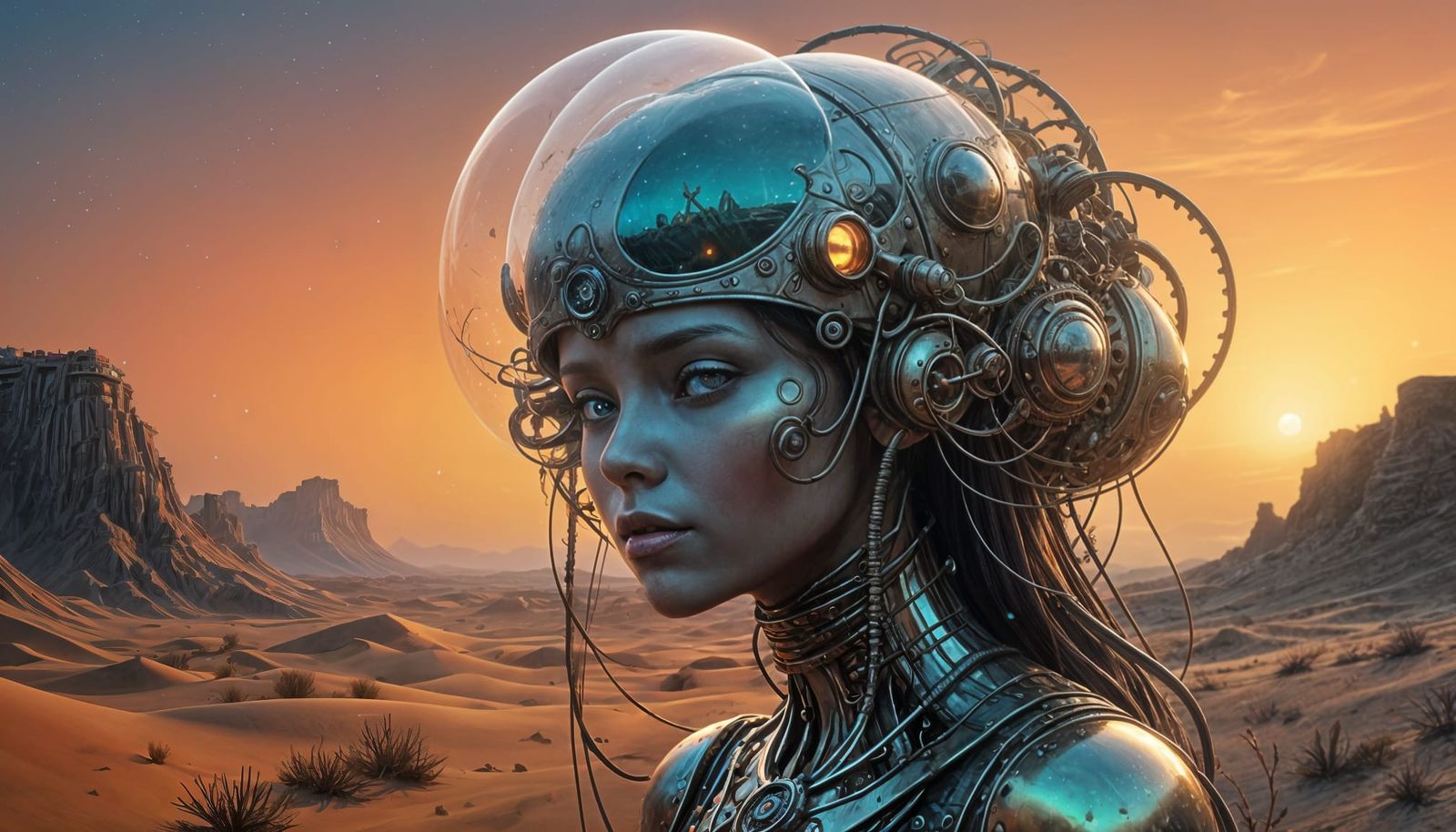Surreal Cyborg Siren Rises from Desert Night Sky in Iridesce...