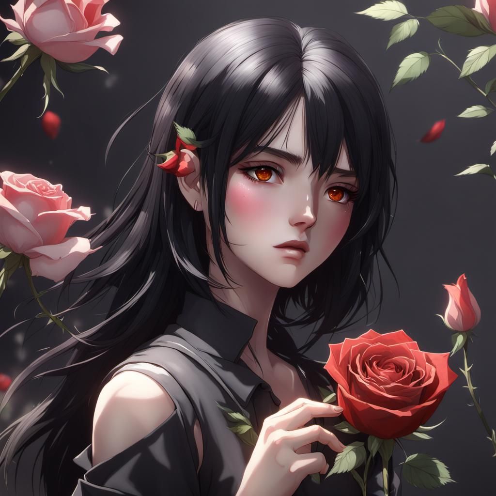 Anime Girl with Rose in 3D Style