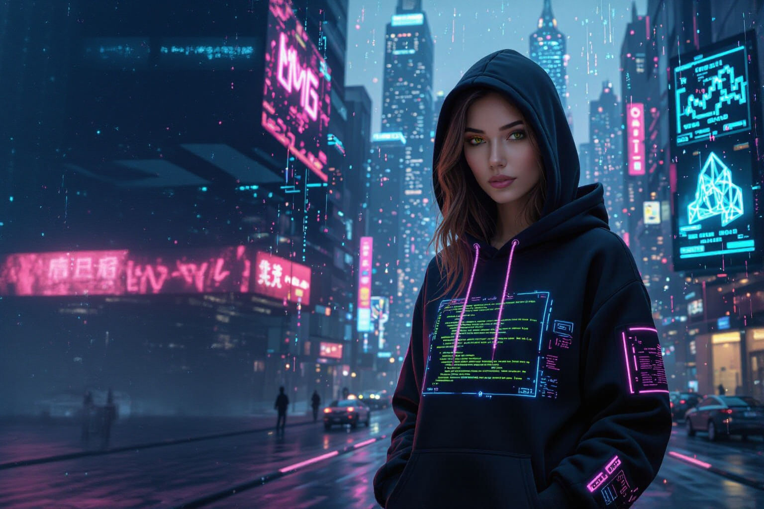 Cyberpunk Girl in Neon Cityscape: 4K Digital Art