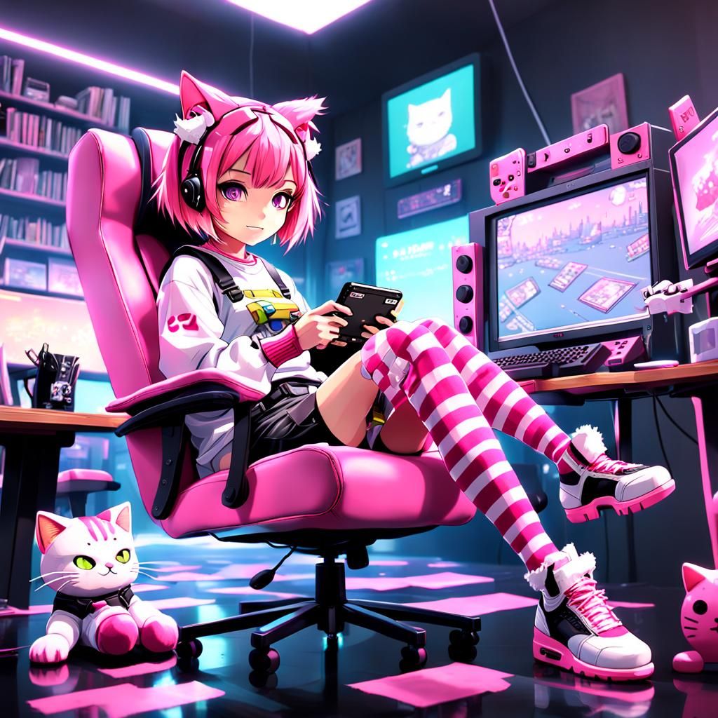 Anime Girl with Cat Ears Playing GameBoy