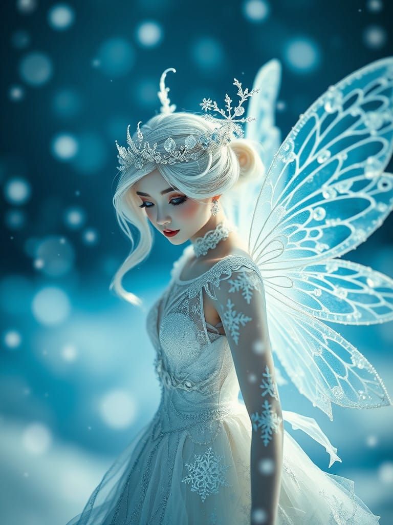 Ethereal Fairy in Snowflake Dress, Captured in Polaroid-Styl...