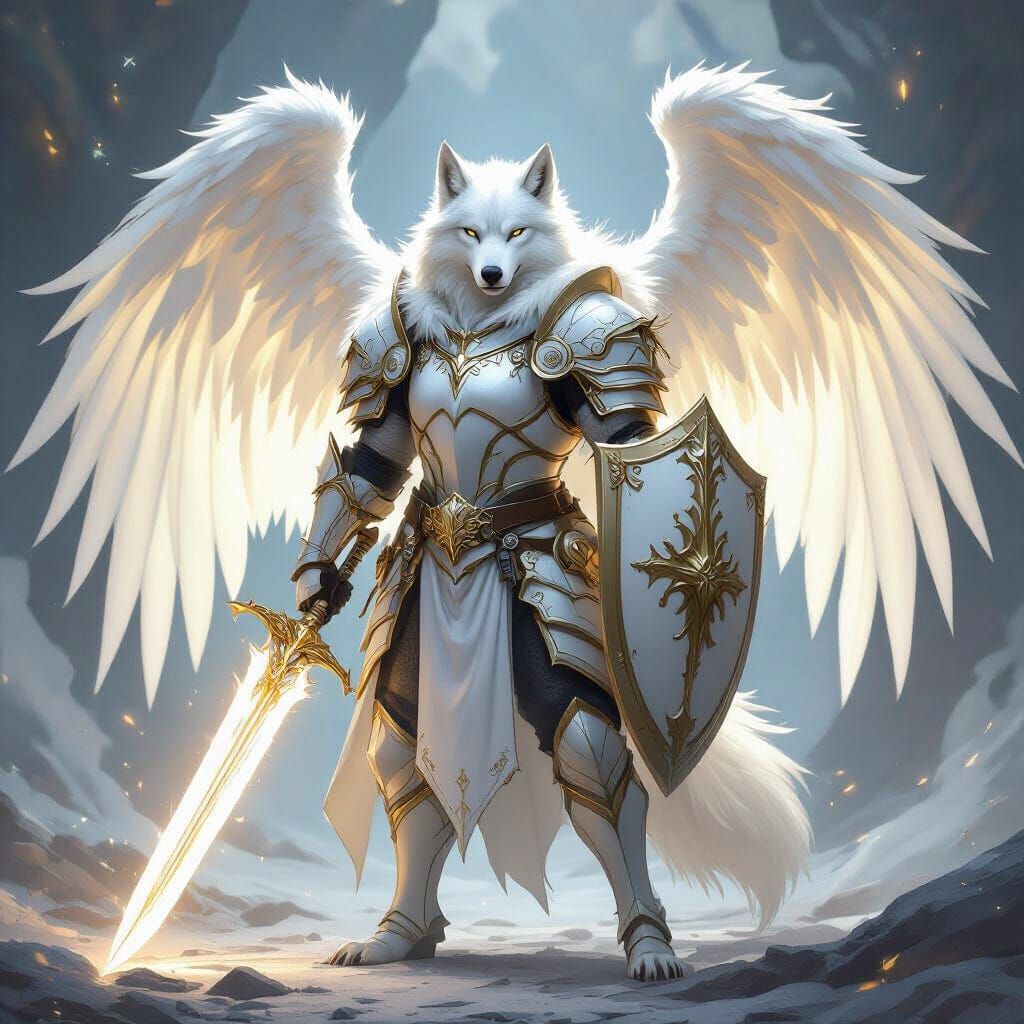 White Wolf Paladin With Angelic Wings and Sword