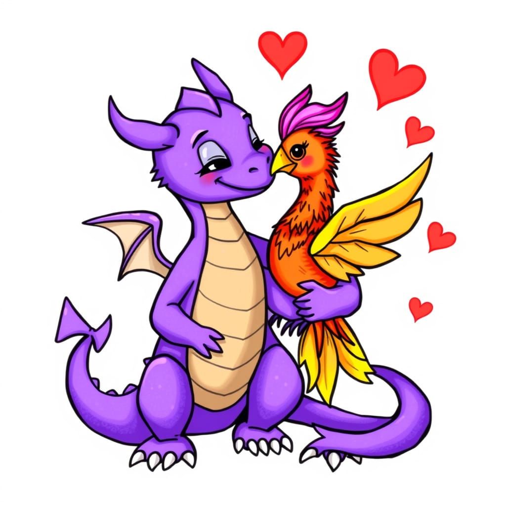 Purple Dragon Affectionately Holds Rainbow Phoenix