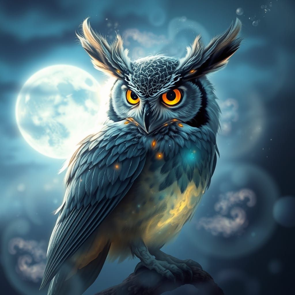 Ethereal Spirit Owl in Dreamy Moonlit Sky