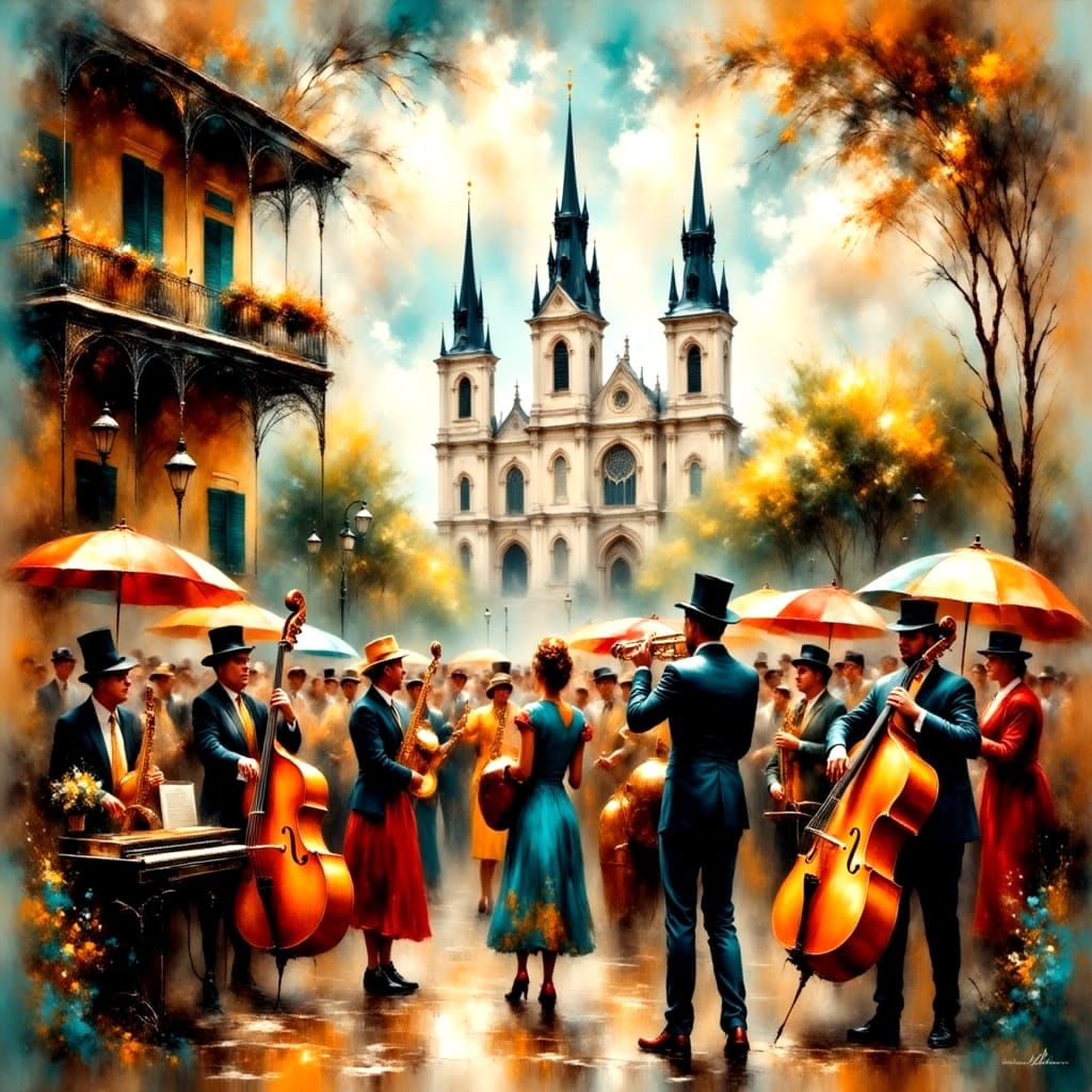 Surreal Celebration of New Orleans Jazz in Modern Abstract A...