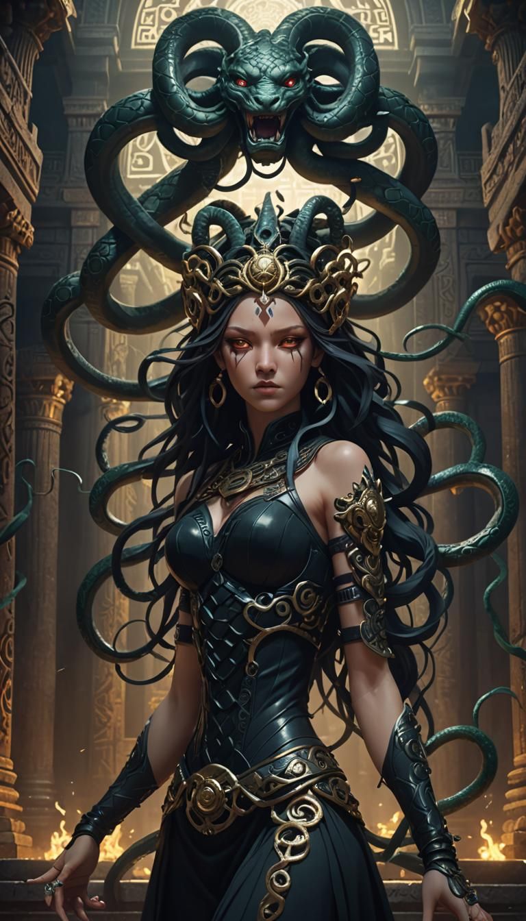 Medusa in Ancient Temple: Dark Fantasy Anime Art