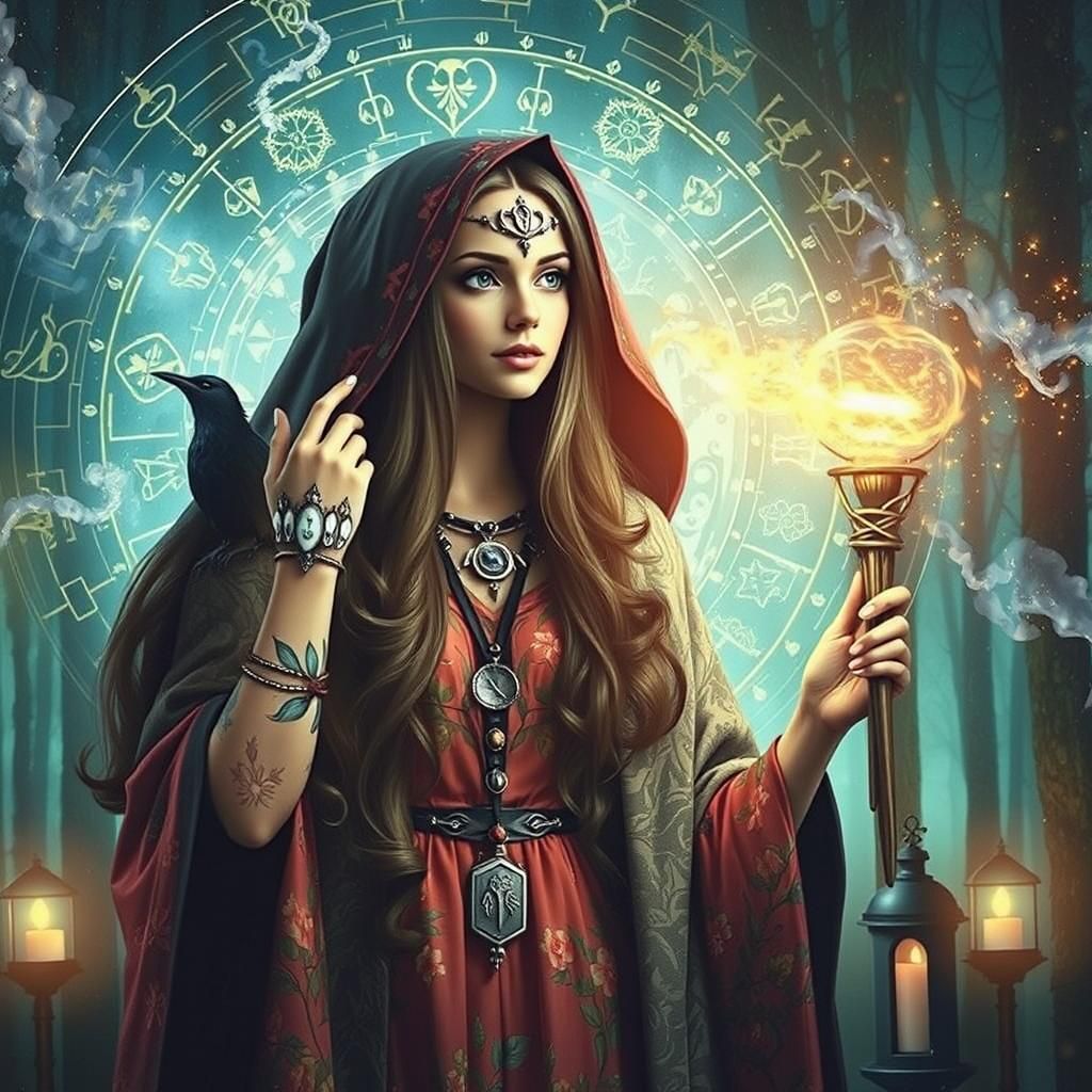 Tattooed Girl with Raven and Pink Floral Dress