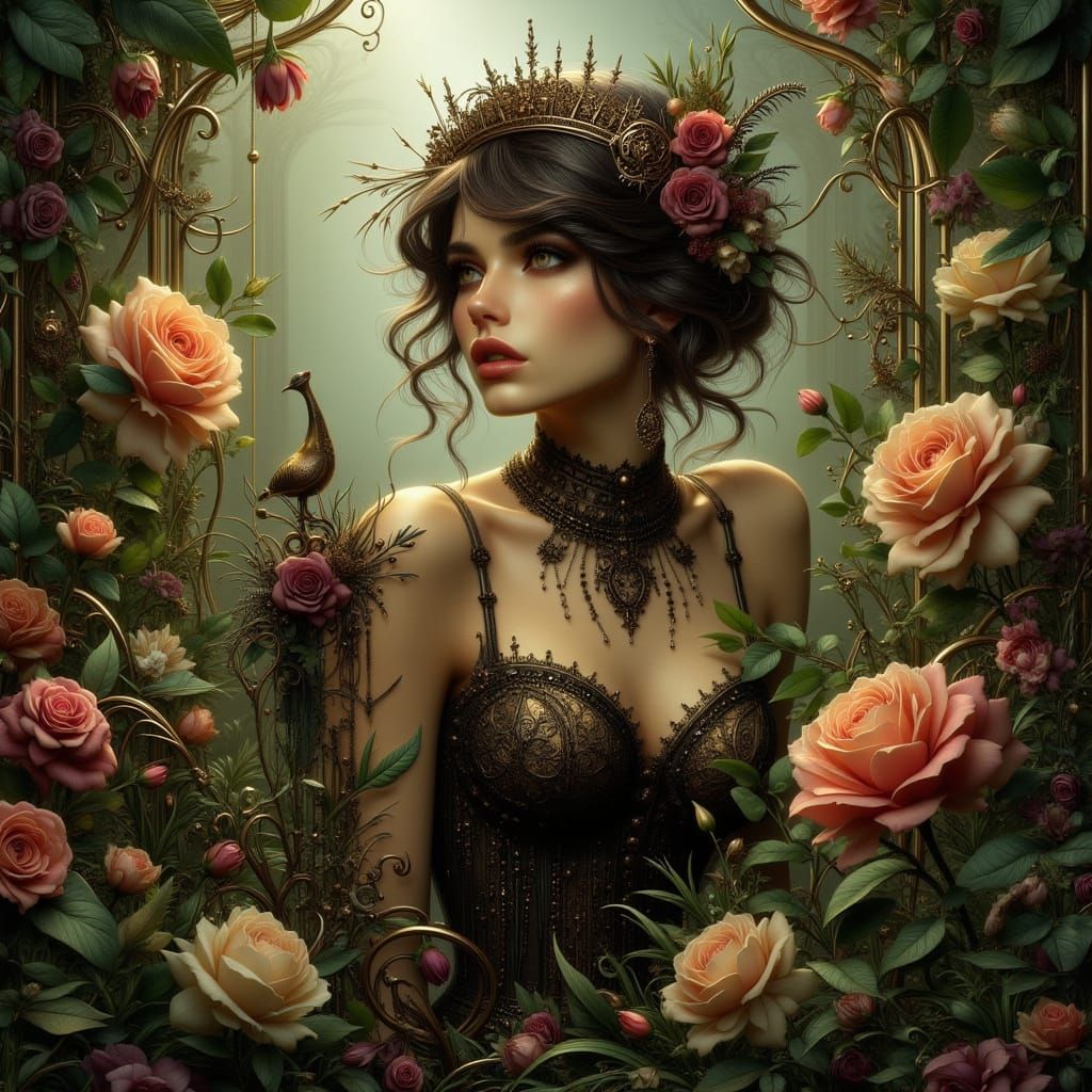Art Nouveau Woman in Lush Garden, Painterly Style