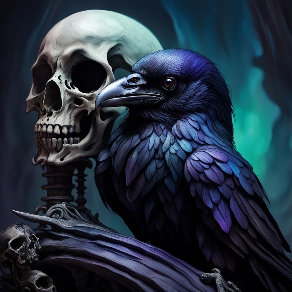 Gothic Blue Raven Perched on Skull