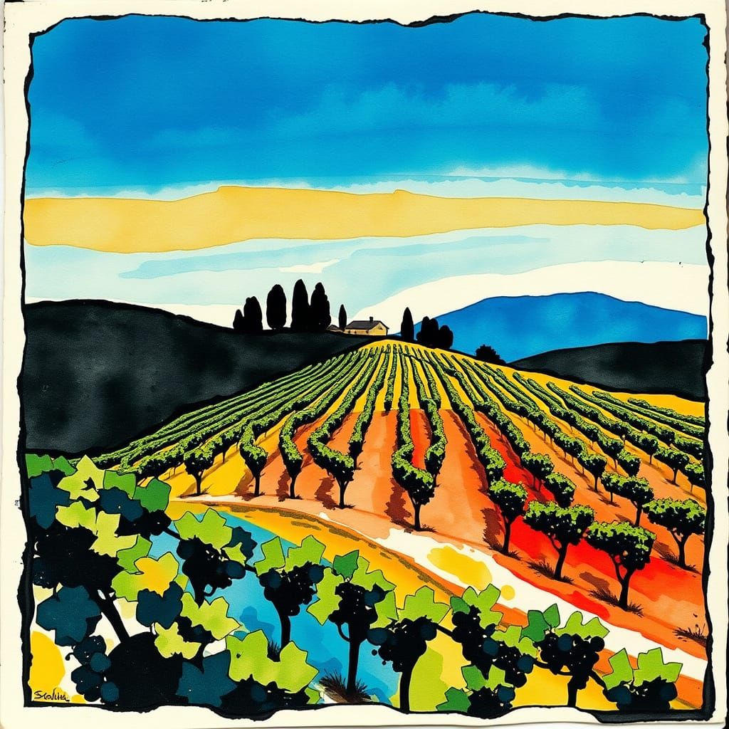 Minimalist Vineyard Collage with Azure Sky