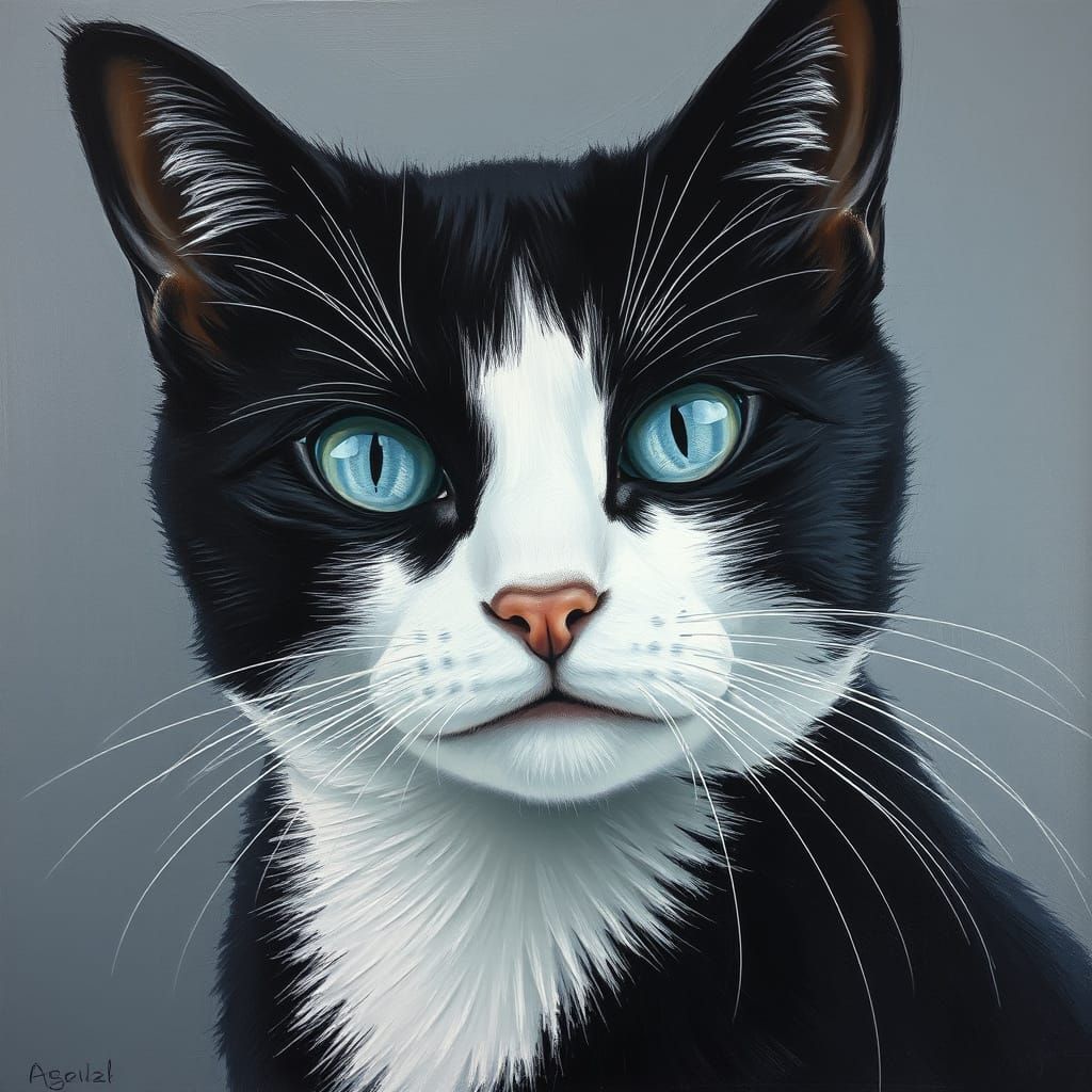 Glossy Black and White Cat in Impasto Style