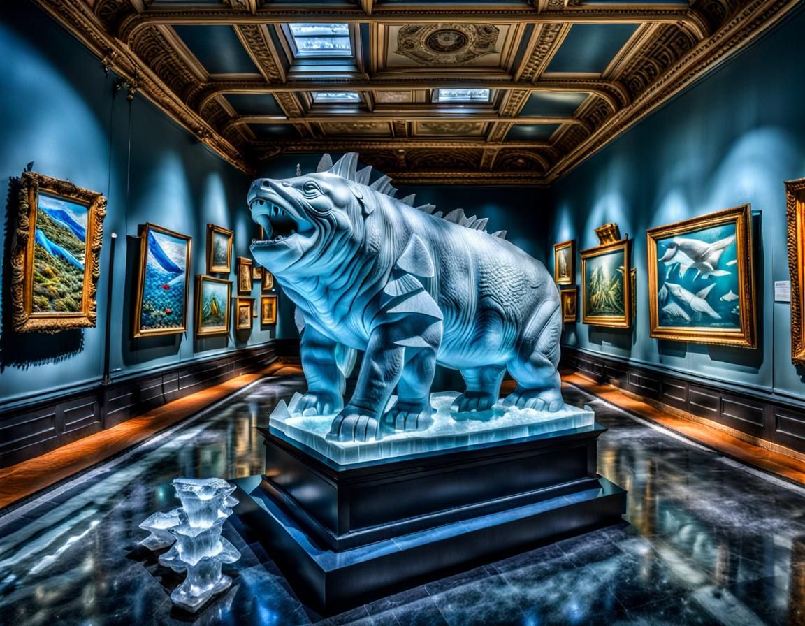 Hyperrealistic Museum Atop Iceberg with Sculptures