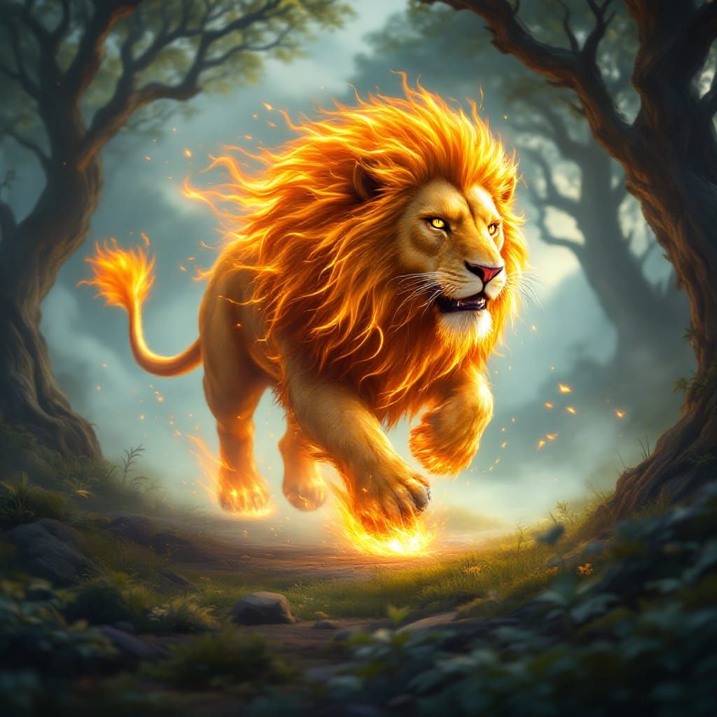 Majestic Fire Lion Running Through Fantasy Landscape