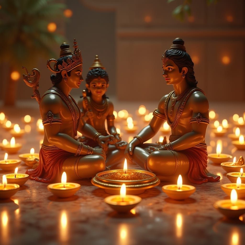 Mythical Heroes Bask in Warm Golden Light of Glowing Oil Lam...