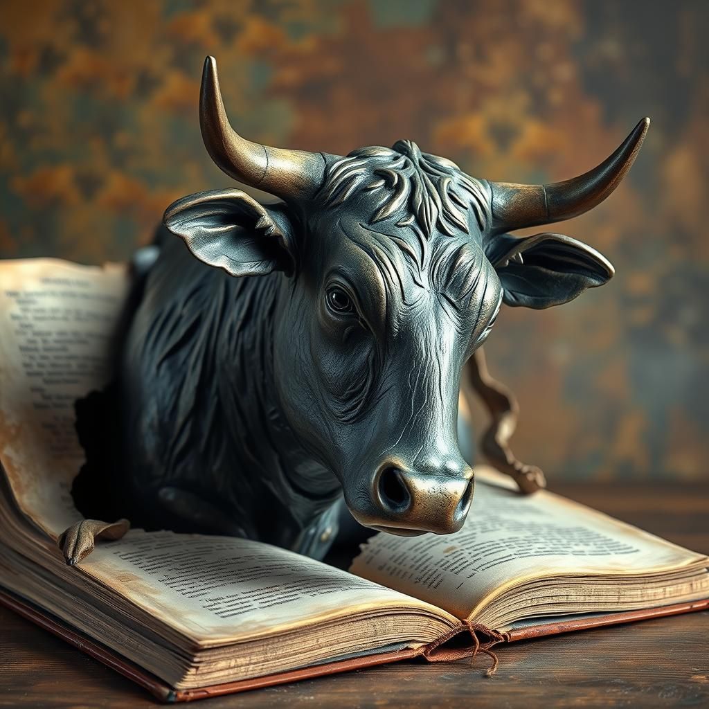 Bronze Cow Emerges from Book, Bas-Relief Carving