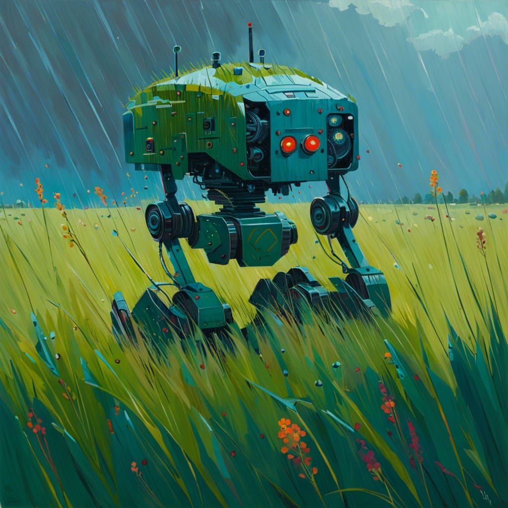 Robot in Rainy Meadow: Impressionistic Sci-Fi Art