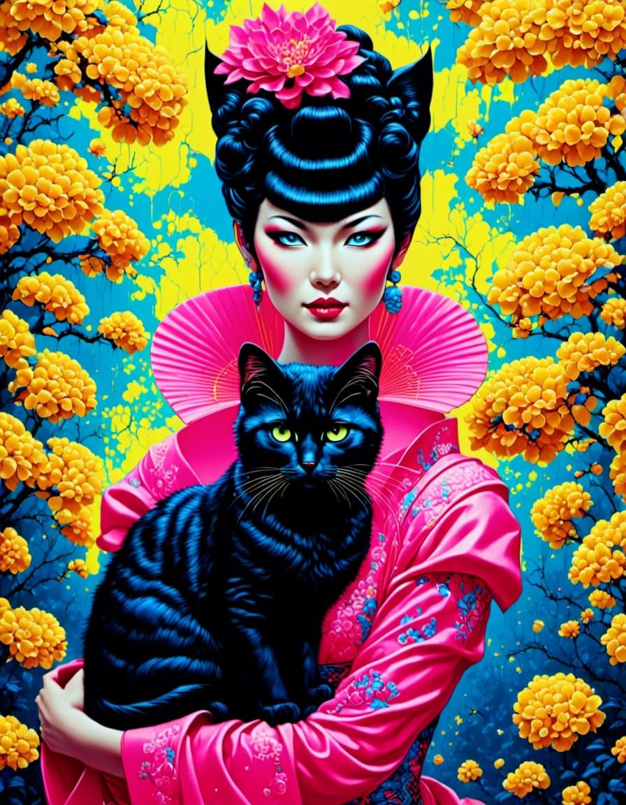 Neon Geisha Cat in Eighties Cyberpunk Style