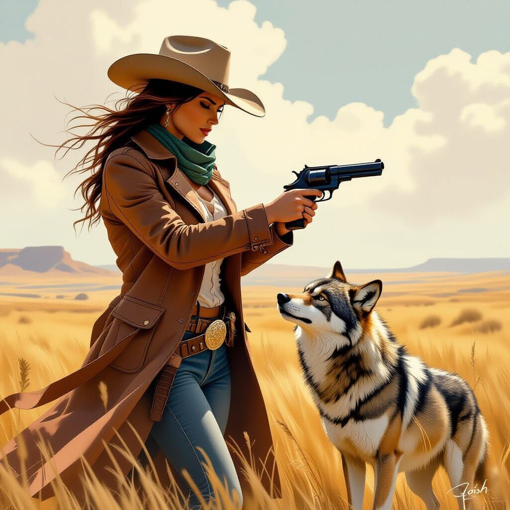 Cowgirl Tames Wolf on Prairie in Retro-Futuristic Style