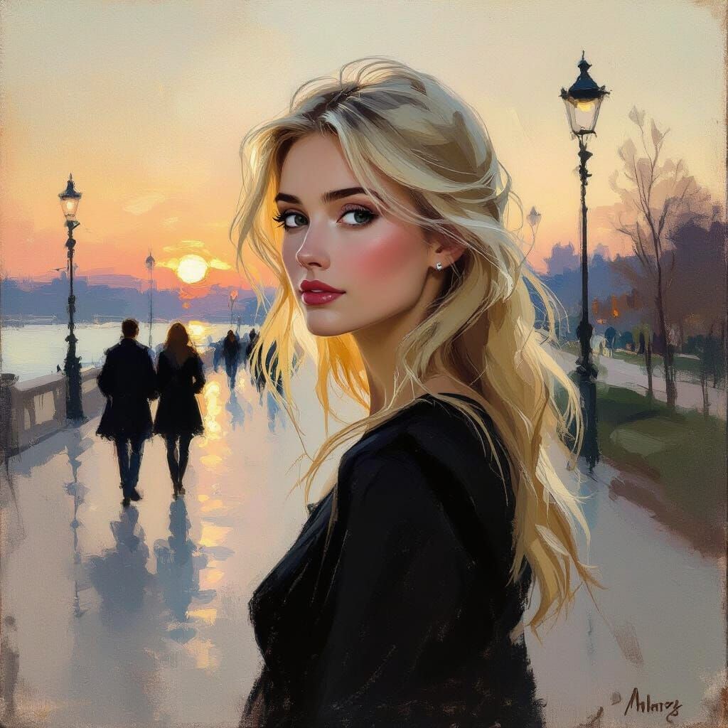 Muted Sunset Oil Painting of Woman Watching Others