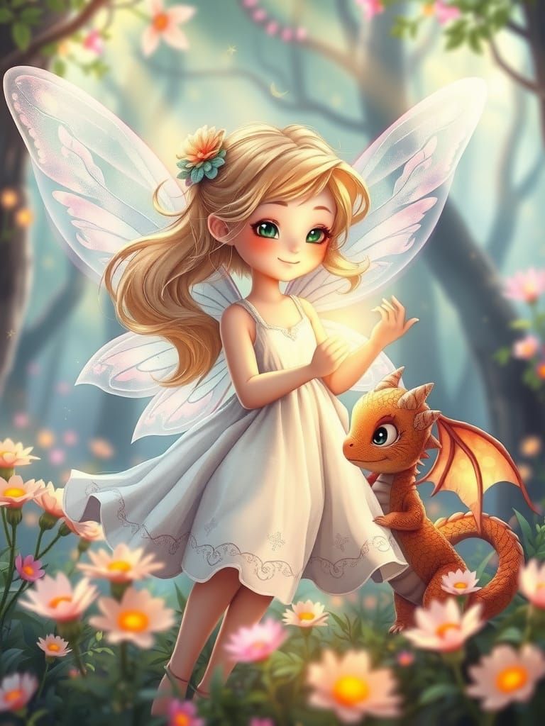 Whimsical Fairy and Her Kawaii Dragon Companion