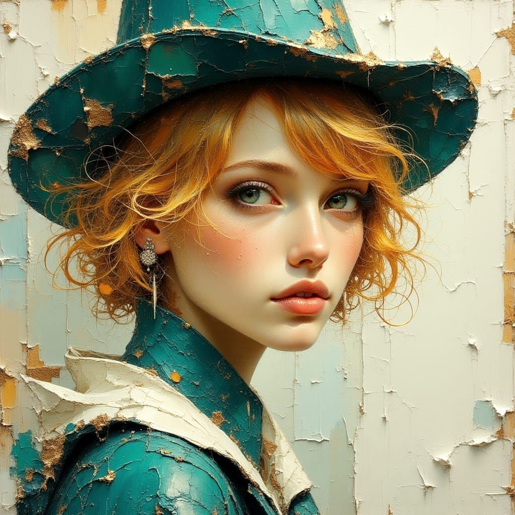 Blonde Woman with Fedora in Photorealistic Impasto Style
