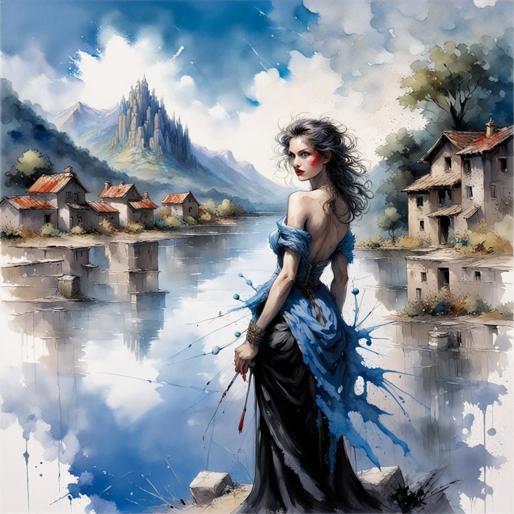 Ink Splatter Art: Woman, Village, Mountain Lake